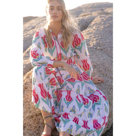 OLIPHANT Tuckernuck Tie Waist Belt Shirt Dress Maxi Midi Ikat Sumba Red Print XS - Picture 7 of 16